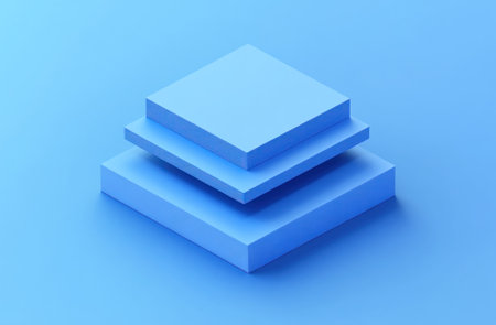 3D isometric minimalist illustration of three blue squares stacked on top of each other, simple shapes, blue background, monochromatic. --ar 23:15 --v 6.1 Job ID: db84d31e-104d-4290-a33d-2fb43a12b6a2の素材