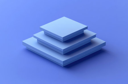 3D isometric minimalist illustration of three blue squares stacked on top of each other, simple shapes, blue background, monochromatic. --ar 23:15 --v 6.1 Job ID: db84d31e-104d-4290-a33d-2fb43a12b6a2の素材