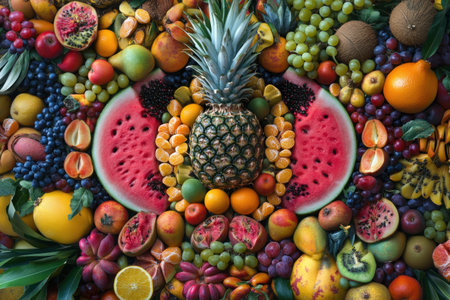 A vibrant display of exotic fruits, including watermelon and mango, arranged in an overhead view. The colorful array includes pineapples, oranges, grapes, kiwis, coconuts, pears, apples, cherries, and more., focus on face --ar 3:2 --v 6.1 Job ID: 9637fa2c-cdbf-4d97-a071-18bbe3b49002の素材