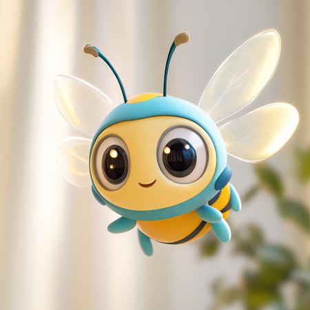 Digitally rendered illustration of a charming, cartoon bee.  The bee is depicted in a style that is both whimsical and endearing, with large eyes, a cheerful expression, and soft, vibrant colours. Its wings have a translucent quality. It appears to be in motion, as if flying.の素材