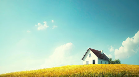 Charming white farmhouse sits atop a hill covered in a field of vibrant yellow flowers, set against a backdrop of a clear blue sky dotted with fluffy white clouds. The image evokes a sense of peace and tranquility, ideal for those seeking a quiet country retreat.の素材