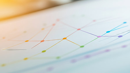 Close-up view of a network or graph, showing interconnected data points in various colors, creating a visual representation of information and connections.  The image highlights the visual elements of the graphic, such as the lines and the dots, as well as the color scheme.の素材
