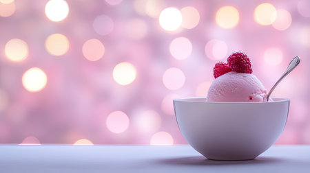 Scoop of pink ice cream topped with raspberries in a white bowl, against a soft-focus background of pink bokeh lights.の素材