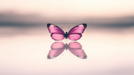 Single, vibrant pink butterfly rests on a surface, reflecting perfectly in the smooth surface below. The soft light and subtle color palette create a peaceful and serene atmosphere. The image features a captivating visual element of symmetry, showcasing the butterfly's delicate wings and the mirror-like reflection.の素材