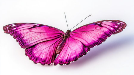 Close-up view of a butterfly with vibrant pink wings.  The wings display intricate details and patterns, with a gradient of pink tones. The butterfly is positioned against a plain white background.の素材