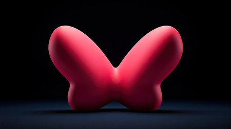Vibrant, heart-shaped, pink form, styled as a butterfly, is situated against a deep black backdrop. The smooth surface of the object and the dramatic lighting create a visually striking image. The composition emphasizes the shape and color of the form.の素材
