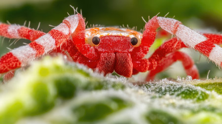 Close-up view of a small, red and white spider resting on a green leaf.  The spider's intricate striped pattern and the moisture on the leaf are clearly visible. The high level of detail in the image highlights the spider's delicate features and the textures of the leaf surface.の素材