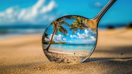 Tranquil tropical beach scene is reflected within a spoon resting on the sand.  The spoon acts as a magnifying glass, showcasing a vibrant beach with palm trees, blue water, and a bright sky.の素材
