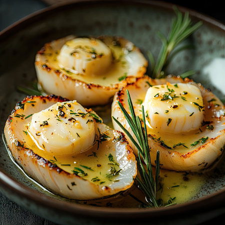 Close-up view of three roasted scallops, each topped with a rich, golden butter sauce and fresh rosemary sprigs, arranged on a dark-colored plate. The scallops are nestled in a hollowed-out portion of the dish. The image highlights the textures and colors of the meal, showcasing the freshness of the ingredients.の素材