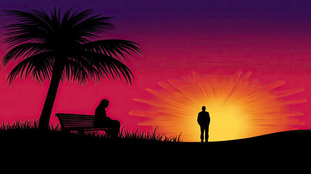Silhouette of a woman sitting on a bench and a man standing near a sunrise or sunset scene, amidst a tropical landscape. The colors of the sky are vibrant and expressive, creating a sense of serenity and introspection.の素材