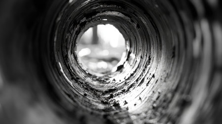 Close-up view of the inside of a circular metal tube, exhibiting layers, textures and patterns, in grayscale.  The tube appears aged and has a spiral or concentric pattern.  The depth creates a sense of perspective within the tube.の素材