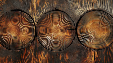Detailed image of circular sections of dark brown wood, showcasing the visible growth rings and intricate grain patterns. The wood has a rustic, aged appearance, suggesting a natural, untreated finish. The image highlights the unique texture of the wood.の素材