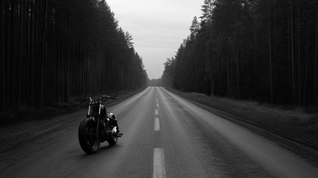 Black custom motorcycle is parked on a wide asphalt road that stretches into a dense forest. The image is in grayscale, conveying a sense of stillness and solitude. The road is straight, and the forest lines both sides of the road, creating a feeling of vastness.の素材