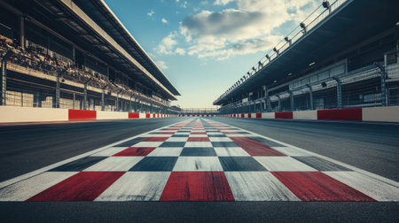 Wide shot of a racing track's finish line, marked with a large checkered pattern, extending into the distance with grandstands and modern structures on both sides.の素材