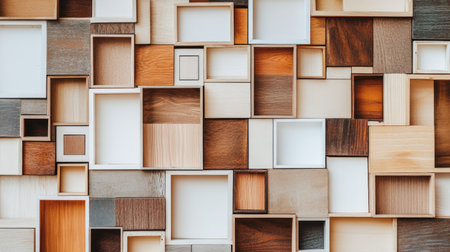 Large-scale image of a wall featuring a multitude of small, square wooden boxes, arranged in a visually appealing design.  The boxes are various shades of wood tones and white, creating a complex pattern.  The image appears to be a close-up view, showcasing the textures and detailed shapes of the different boxes.の素材