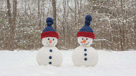 Two snowmen stand in a snowy landscape, each adorned with a knitted hat, one red and one blue. A wintery scene unfolds in the background with trees and snowfall.の素材