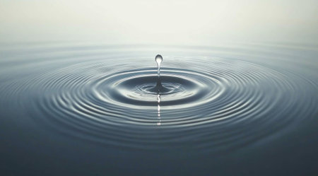 A water drop falling into water, creating ripples and a splash, with copyspace. Water droplet background. Beautiful water surface. A single drop of clean water falls on the calm lake, creating beautiful ripples. White color tone. The blue gradient background is a blurred light gray background. High-resolution photography. Shot using a Hasselblad camera, ISO 800. Clean, sharp focus. --ar 9:5 --v 6.1 Job ID: b4bb2991-6e7b-4e63-9663-f6ef0c3a6a71の素材