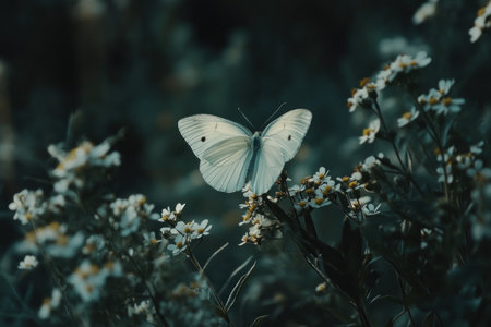 A butterfly perched on delicate flowers, with the soft hues of dawn casting a gentle glow over its wings. --ar 3:2 --v 6.1 Job ID: f0578337-7f3f-4d4b-973b-918e3fb45733の素材
