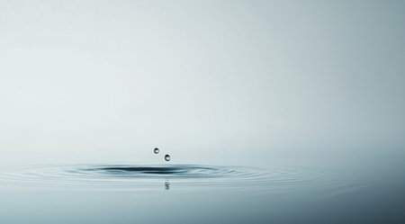 A water drop falling into water, creating ripples and a splash, with copyspace. Water droplet background. Beautiful water surface. A single drop of clean water falls on the calm lake, creating beautiful ripples. White color tone. The blue gradient background is a blurred light gray background. High-resolution photography. Shot using a Hasselblad camera, ISO 800. Clean, sharp focus. --ar 9:5 --v 6.1 Job ID: b4bb2991-6e7b-4e63-9663-f6ef0c3a6a71の素材