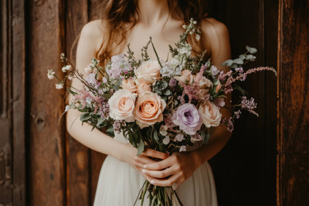 A close-up shot of the bride's hand holding her bouquet, showcasing pastel roses and delicate greenery against an aged wooden background. The focus is on the intricate details of each flower in soft pink tones with subtle purple accents. She wears a simple white wedding dress that contrasts beautifully with the elegant arrangement. Captured with a Canon EOS R5 using a macro lens and natural light. --ar 3:2 --v 6.1 Job ID: e358128a-fda1-4057-bb95-6bcbc859a607の素材