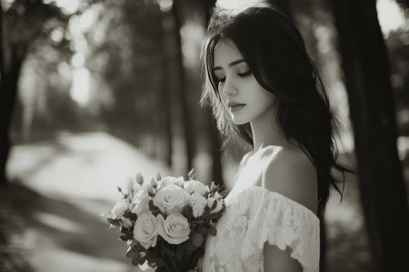 Beautiful bride holding a bouquet in a park, monochrome photography, in the style of Canon EOS, elegant and mysterious, portrait shot, soft lighting, blurred background of trees. --ar 3:2 --v 6.1 Job ID: 92e57914-f335-4fc3-8f48-3c7e789f7025の素材