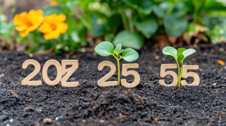 New year banner concept with wooden numbers "2025" growing on the ground and sprouting, with a green tree seedling in the nature background. Concept of environmental protection for New Year's Eve celebration. High-quality photo. --chaos 30 --ar 16:9 --v 6.1 Job ID: 6cac8d39-17a0-4111-886c-eb0d29ede04eの素材