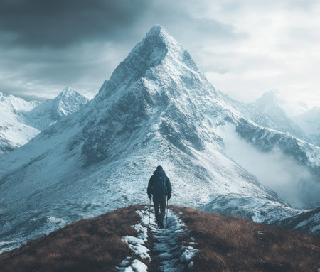 A hiker walking towards the top of an alpine mountain, a realistic photo with cinematic, dark, and moody tones, a soft atmospheric perspective, hyper-realistic illustrations, subtle gradients, in the style of ArtStation trending. --ar 7:6 --v 6.1 Job ID: 88973bf8-aa6c-48a7-9bc0-60125c32ea9dの素材