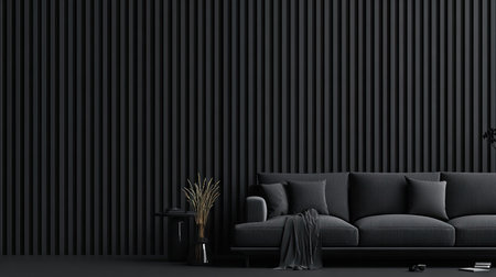 A modern interior showcases a dark gray sofa against a textured black wall. The scene features a small side table with decor and a dark gray floor. The lighting appears soft, suggesting an indoor setting. This image may be used for architectural visualization, home decor, or commercial projects.の素材