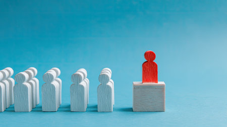 A group of white wooden figures stand before a single red figure elevated on a platform. The image features a vibrant blue backdrop, highlighting the contrast of colors. The style is clean and minimalistic with soft lighting. This image could be used for illustrating concepts of leadership, teamwork, or presentations.の素材