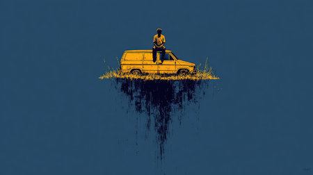 An illustration depicts a man seated on top of a yellow van, appearing to float above a dark blue background. The composition features a conceptual representation with abstract shapes and contrasting colors. This artistic image is suitable for various commercial purposes, including use in advertising and design projects.の素材