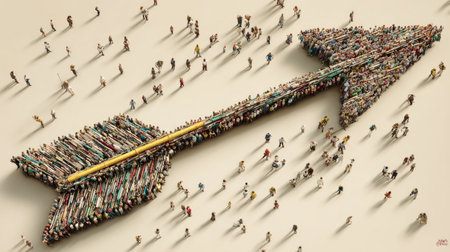 An arrow comprised of numerous small figures pointing upwards, suggesting progress and collective effort. The image exhibits a textured appearance with a variety of colors and a warm overhead lighting. This conceptual artwork could be used in projects about teamwork, direction, or business strategy. It's suitable for various commercial purposes.の素材