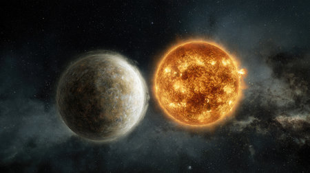 An image depicts two celestial bodies; a planet and a star against a backdrop of deep space. The planet appears textured and illuminated by the bright, fiery star. A cloudy, dark environment surrounds the objects, suggesting a vast cosmic setting. It could be used for educational, scientific or commercial purposes.の素材
