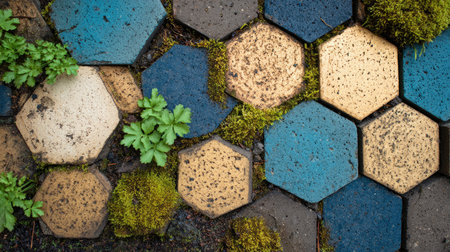 An overhead view displays a patterned arrangement of hexagonal stone tiles. The color palette includes shades of blue, beige, and gray. Green moss and small plants fill some spaces between tiles. This image is suitable for various commercial uses, including website backgrounds and marketing materials.の素材