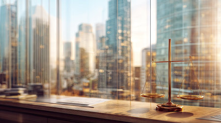 A golden balance scale sits on a wooden desk with a blurred cityscape visible through a large window. The composition features a shallow depth of field, with warm sunlight illuminating the scene. This image could be used in legal publications or as a visual representation of justice or fairness.の素材