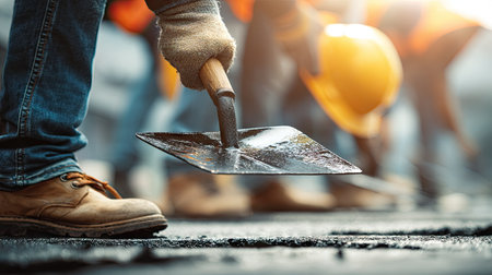 A construction worker is shown holding a trowel, close up. The worker wears boots, jeans, and work gloves. Other workers, wearing hard hats, are blurred in the background, suggesting teamwork. This image showcases a daylight scene with a focus on construction materials and activities suitable for a variety of commercial uses.の素材