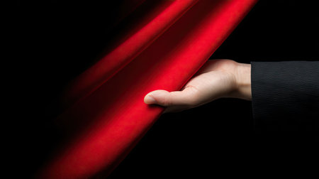 A human hand extends towards a vibrant red fabric, dramatically lit by a spotlight. The composition features a stark contrast against a deep black background. The image evokes mystery and intrigue, lending itself to editorial or commercial projects needing a sense of drama or visual impact.の素材