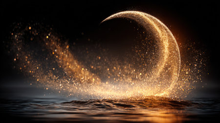 An abstract digital artwork features a golden, glowing spiral shape set against a dark backdrop. The visual includes sparkling particles and a reflective surface below, suggesting a mystical or cosmic theme. This image is suitable for various commercial uses, including website design, advertising, and editorial content.の素材