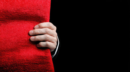 A person's hand holds a crimson fabric against a contrasting black background, creating a visual divide. The image displays the texture of the cloth, emphasizing its color and form. This studio shot uses high-contrast lighting to highlight the subject, suitable for various design, advertising, or editorial uses.の素材