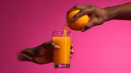 Two hands are featured, one holding an orange fruit and the other pouring juice into a glass. The composition is vibrant with a focus on the action and the colors. The background is a solid pink creating a high-contrast and visually appealing image. It could be used for food and beverage promotions.の素材
