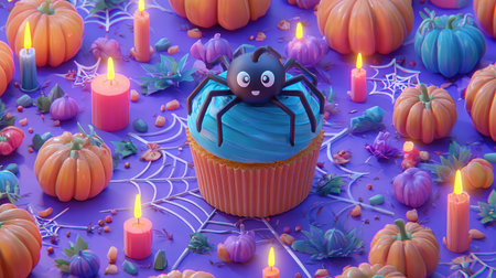 A festive image showcases a Halloween cupcake topped with a spider, surrounded by small pumpkins, candles and spiderwebs. The scene features a purple backdrop with scattered objects illuminated by soft light. It suggests a celebratory ambiance suitable for various editorial and promotional applications.の素材