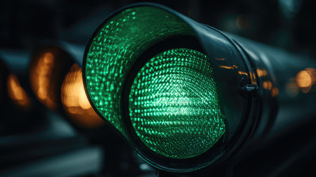The image features a close-up of a traffic light, illuminated with a vibrant green signal. The composition highlights the textured surface of the light with soft, ambient lighting and the background blurred. Ideal for commercial applications related to transportation, urban scenes, or general design projects.の素材