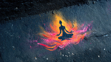 A silhouette of a person in a meditative pose is centered, encompassed by vibrant, dynamic hues of orange, yellow, and pink. The artwork showcases an abstract energy pattern set against a dark, textured surface. This image could be used in wellness articles, spiritual content, or as design elements.の素材