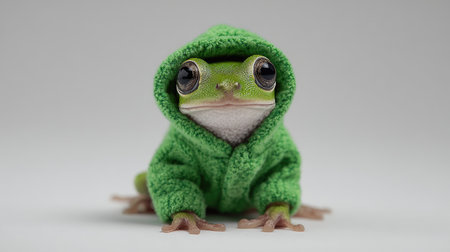 A charming frog is the central subject, posed wearing a vibrant green hoodie against a clean white backdrop. The image showcases the frog's detailed features with large eyes, and the textures of the garment are visible. This photograph is likely suitable for various commercial uses, including advertising and editorial content, due to its appealing and playful nature.の素材