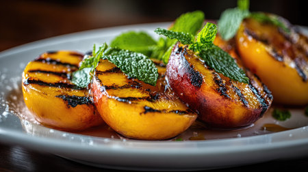 This close-up showcases grilled peach halves arranged on a white plate, garnished with fresh mint leaves. The peaches display visible grill marks and rich, warm colors. The composition is well-lit, suggesting a professional food photography setup. Suitable for culinary articles, food blogs, or use in advertising.の素材