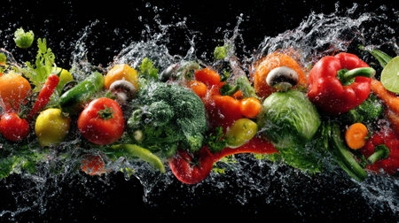 An assortment of fresh vegetables bursts forth from water against a black backdrop. The composition features vibrant colors, contrasting textures, and dynamic movement. The image employs strong lighting and a clean style. Suitable for commercial applications, including health, wellness, and culinary projects.の素材