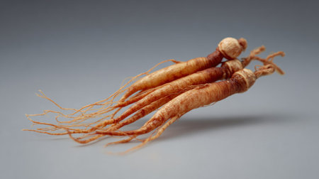 This image presents several ginseng roots, showcasing their elongated, textured forms against a plain, gray backdrop. The lighting highlights the roots' varying shades of brown and beige, emphasizing their natural appearance. The composition might be suitable for illustrating topics related to herbal medicine, health products, or botanical studies.の素材