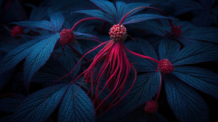 This image showcases a detailed view of a unique flower with striking color contrast. The composition highlights a central bloom with red tendrils and textured petals, surrounded by dark blue foliage. The lighting suggests a natural, outdoor setting, possibly in a garden or forest environment. Suitable for various design and editorial applications.の素材
