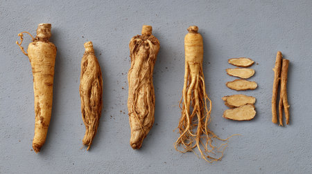 Various dried ginseng roots and slices are displayed against a neutral gray backdrop. The arrangement showcases different sizes and textures, from long taproots to segmented pieces. The lighting is even, highlighting the natural colors and forms, potentially suitable for articles, or visual marketing materials related to herbal remedies.の素材