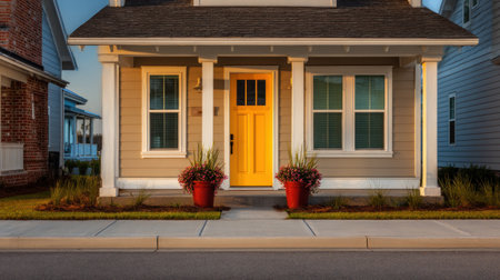 A front view captures a small house featuring a striking yellow door and matching window frames. Red flower pots flank the doorway, adding visual interest to the symmetrical composition. The exterior showcases neutral tones, contrasted by the vibrant door. Suitable for illustrating residential design or property concepts.の素材