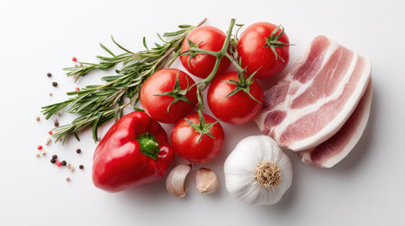 An overhead shot showcases a selection of fresh ingredients including vibrant red tomatoes, a red bell pepper, and rosemary sprigs. Slices of raw meat and a bulb of garlic are also present. The composition features a white background, offering ample copy space. This could be used in recipes, culinary articles, or food-related commercial projects.の素材